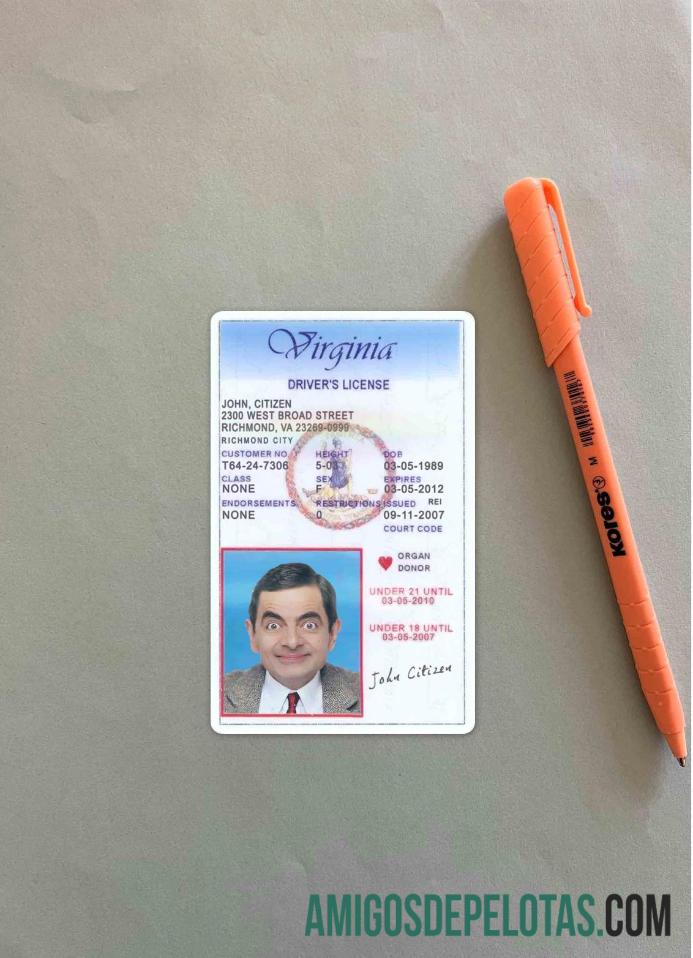 Carteira de habilitação dos EUA na Virgínia com menos de 21 anos fotolook frente exemplo